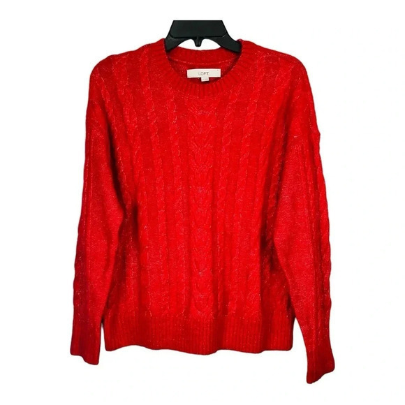 LOFT‎ Cable Knit Red Sweater White Detail Warm Cozy Women Size Medium - Picture 1 of 6